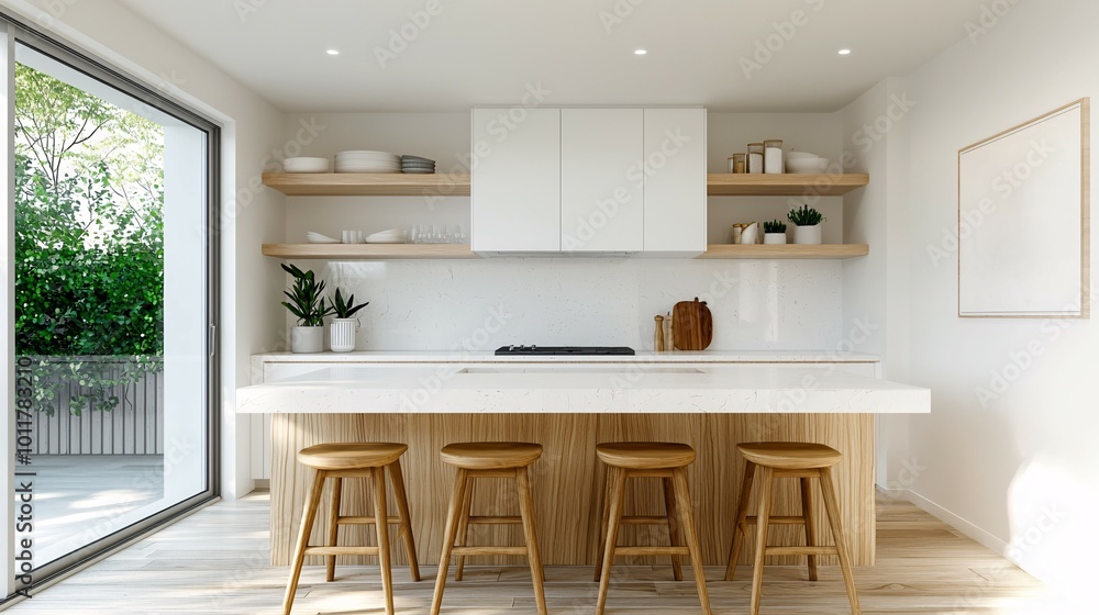 A modern kitchen features sleek design, light wood elements, open shelving, and bar stools, creating a welcoming and functional space. A modern kitchen features sleek design, light wood elements, open shelving, and bar stools, creating a welcoming and functional space.