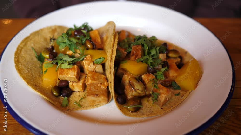 Vegetarian food tacos meal layout on a plate in Mexican restaurant Vegetarian food tacos meal layout on a plate in Mexican restaurant