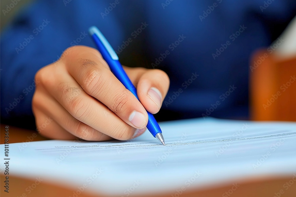A focused close-up capturing a hand holding a blue pen poised over a document, emphasizing the act of writing or signing, symbolizing agreement or creativity. A focused close-up capturing a hand holding a blue pen poised over a document, emphasizing the act of writing or signing, symbolizing agreement or creativity.