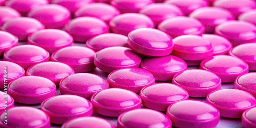 53 Pink Pills Spread on a Surface with a Focus on Their Round Shape and Vibrant Coloration 53 Pink Pills Spread on a Surface with a Focus on Their Round Shape and Vibrant Coloration