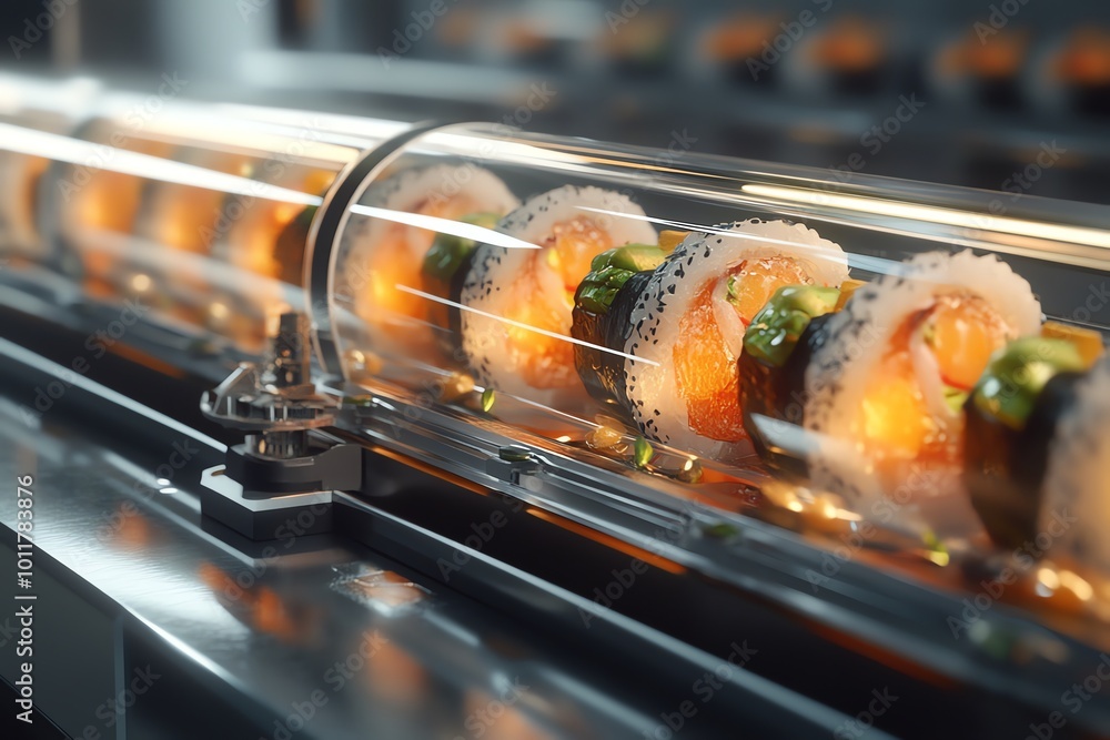 Fresh sushi rolls neatly arranged in a modern conveyor system, showcasing vibrant colors and culinary artistry. Fresh sushi rolls neatly arranged in a modern conveyor system, showcasing vibrant colors and culinary artistry.