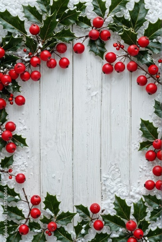 Christmas background with tree branches and holly berries white wooden table snowfall drawing effect top view copy space christmas background Ultra realistic Photorealistic picturesque scenery