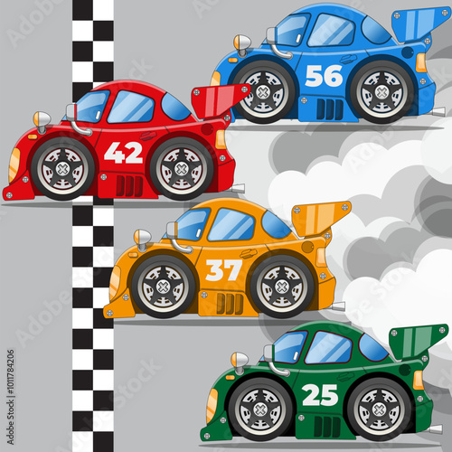 Racing cars on the finish line. Side view. Vector illustration.