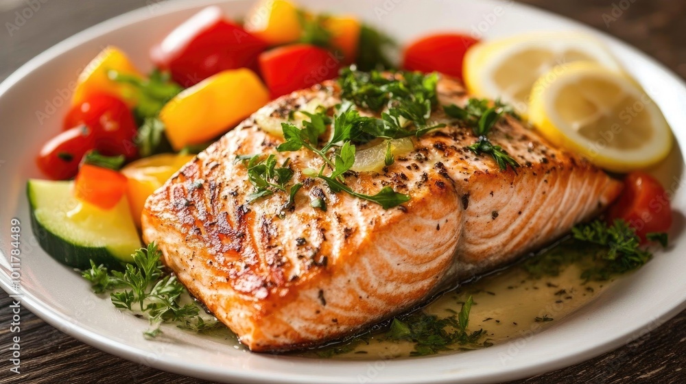 Grilled Salmon with Fresh Vegetables and Lemon Slices Grilled Salmon with Fresh Vegetables and Lemon Slices