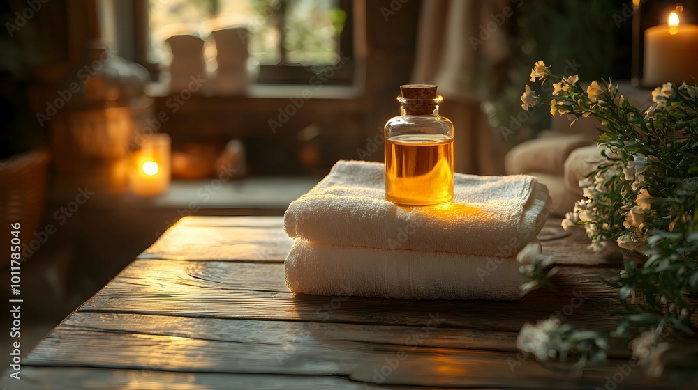 Relaxing Spa Table with Oils and Towels Relaxing Spa Table with Oils and Towels
