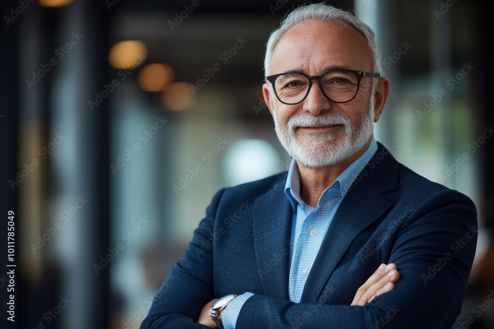 Portrait of successful mature boss, senior businessman in glasses and business suit looking at camera and smiling, man with crossed arms working inside modern office, Generative AI Portrait of successful mature boss, senior businessman in glasses and business suit looking at camera and smiling, man with crossed arms working inside modern office, Generative AI