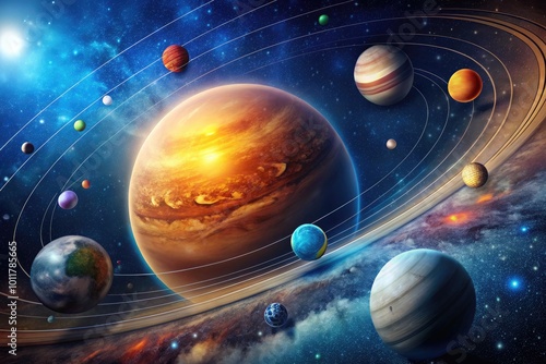 A Beautiful Representation of the Solar System with Names of the Planets and Their Orbits Illustrated