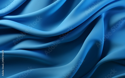 Blue silk fabric, cascading in elegant waves and ripples. The fabric's pattern creates a captivating interplay of light and shadow, reflecting a subtle glow. The vibrant blue hue