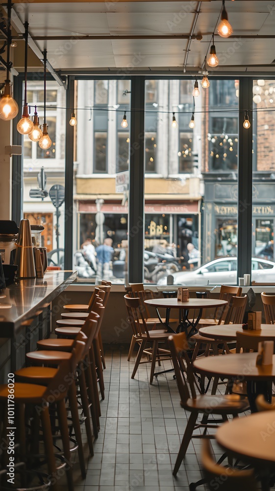 Cozy caf?? with hanging lights, wooden tables, and inviting street view Vertical Mobile Wallpaper Cozy caf?? with hanging lights, wooden tables, and inviting street view Vertical Mobile Wallpaper