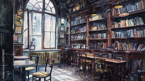 An old coffee shop with a bookstore in London watercolor