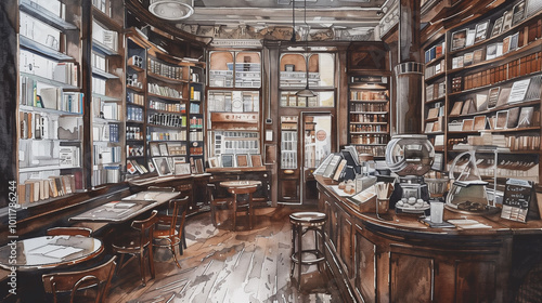 An old coffee shop with a bookstore in London watercolor photo