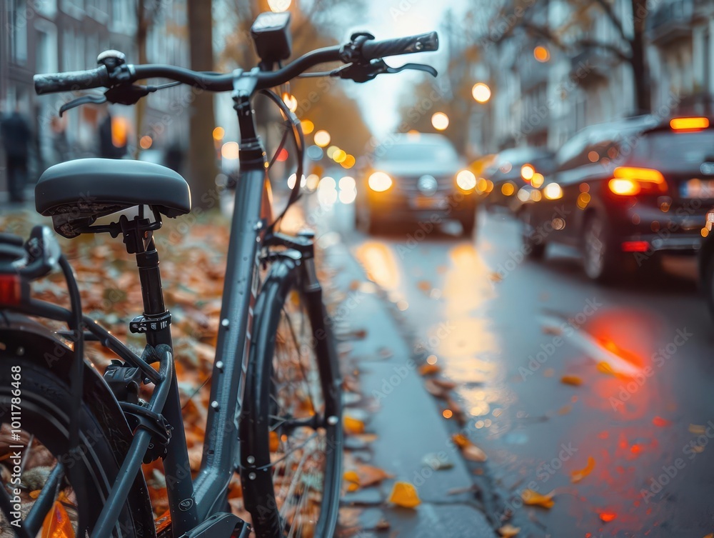 Electric bicycle in a busy city, modern and practical, Urban, Cool tones, Photograph, Urban transport Electric bicycle in a busy city, modern and practical, Urban, Cool tones, Photograph, Urban transport