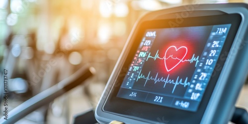 Heart Rate on Fitness Equipment: Illustrate gym equipment, like a treadmill or stationary bike, with heart rate data glowing on the screen, showing the importance of trac photo