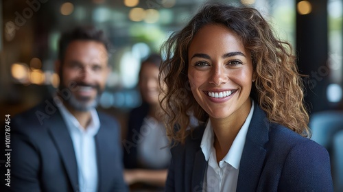 Portrait of a confident businesswoman in a professional setting with colleagues in the background