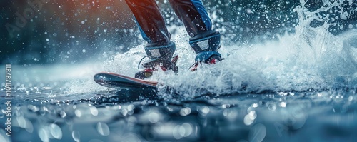 Electric wakeboard on dynamic waves, modern and thrilling, Coastal, Cool tones, Photograph, Water sport