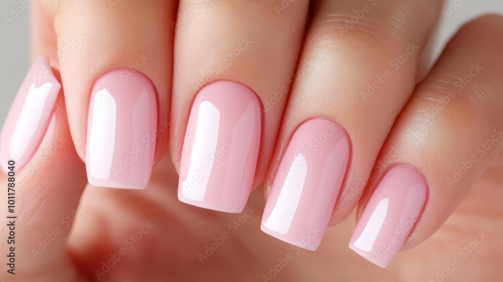 A close-up view of a hand with pastel pink nail polish on slender fingers against a bright background during daylight A close-up view of a hand with pastel pink nail polish on slender fingers against a bright background during daylight