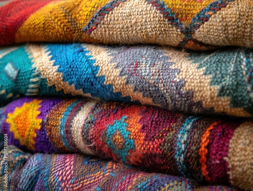 Handmade blankets with intricate patterns, artistic and cozy, Artisan, Soft tones, Photograph, Craftsmanship