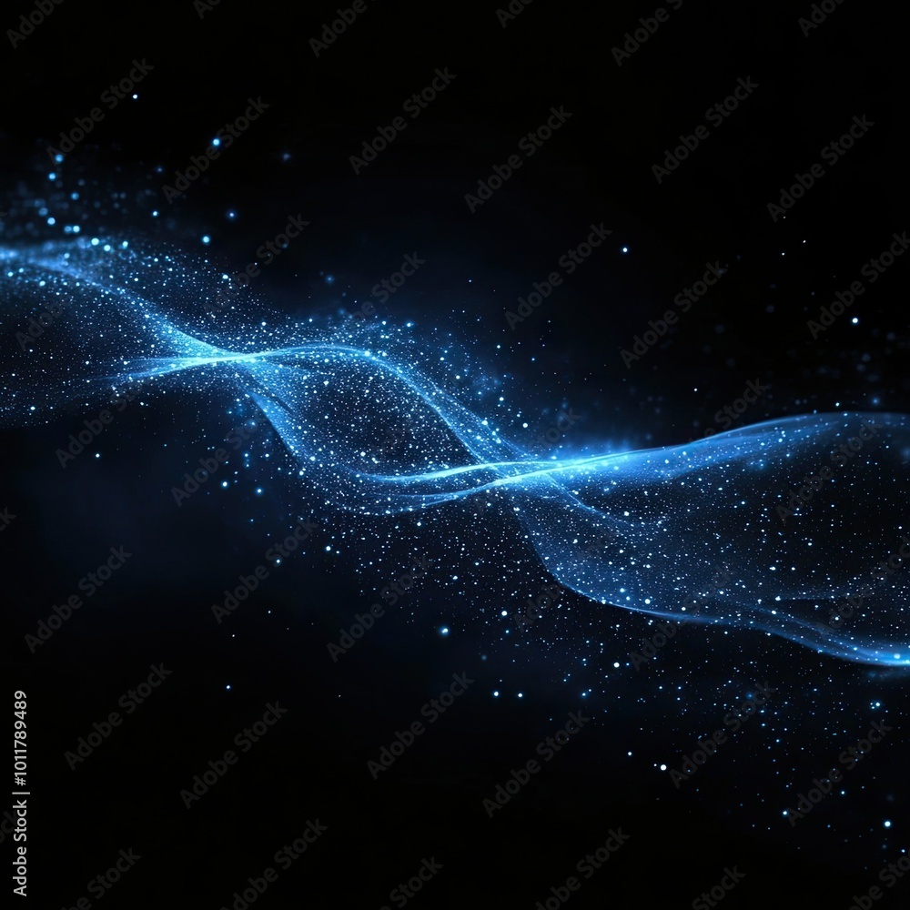 Beautiful blue wave of light particles on a dark background, creating an ethereal and dynamic effect for various designs. Beautiful blue wave of light particles on a dark background, creating an ethereal and dynamic effect for various designs.