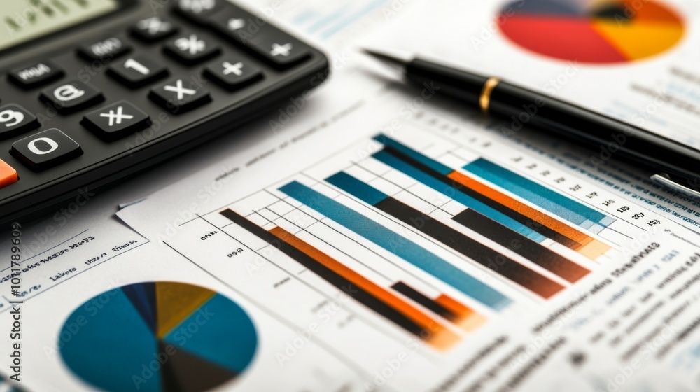 Business Charts and Calculator on Office Desk Business Charts and Calculator on Office Desk