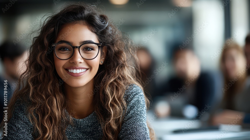 Young woman with curly hair wearing glasses in a professional setting Young woman with curly hair wearing glasses in a professional setting