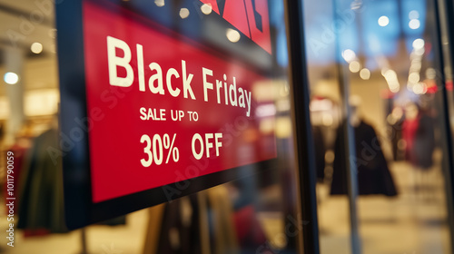 photograph of Close up of red text Black Friday SALE UP TO 30% OFF in front of the window display at a fashion store