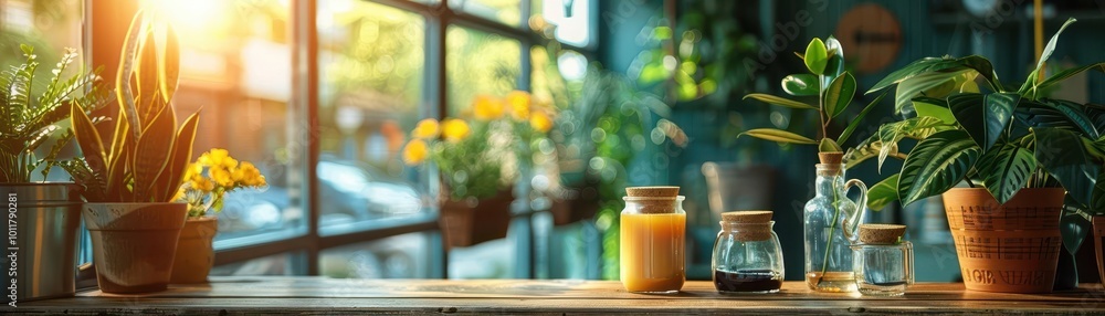 Organic coffee shop with fresh brews, vibrant and inviting, Urban, Bright hues, Photograph, Green living Organic coffee shop with fresh brews, vibrant and inviting, Urban, Bright hues, Photograph, Green living