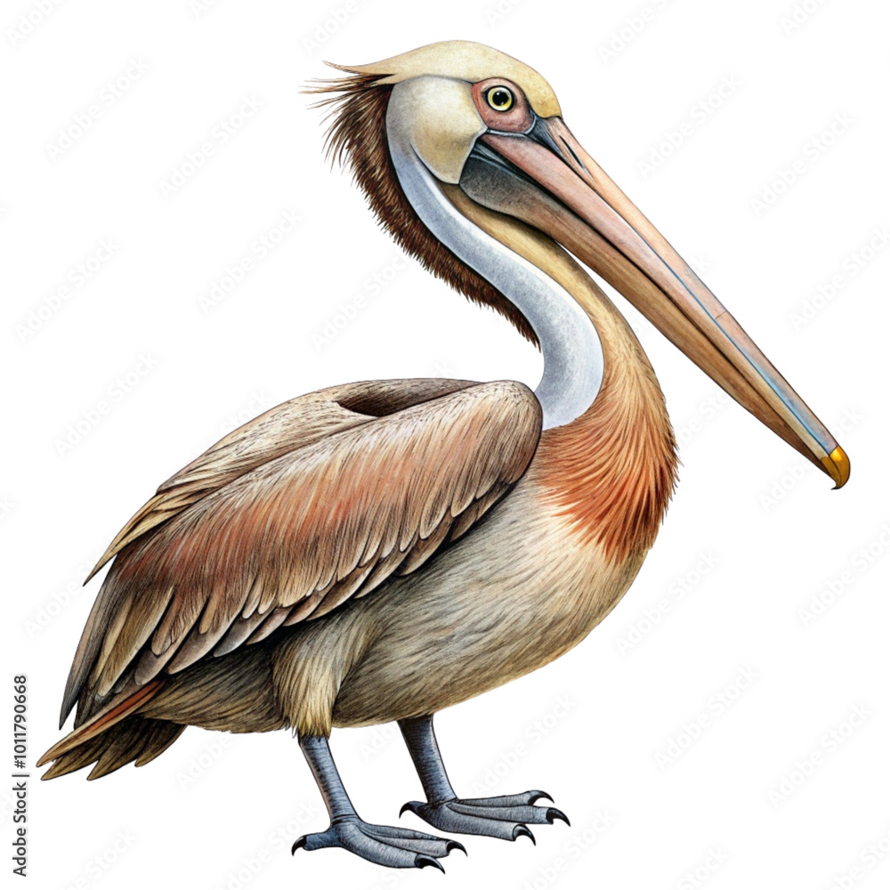 Fototapeta premium Pelican bird with large beak and long neck standing on a clean transparent background representing its coastal nature.