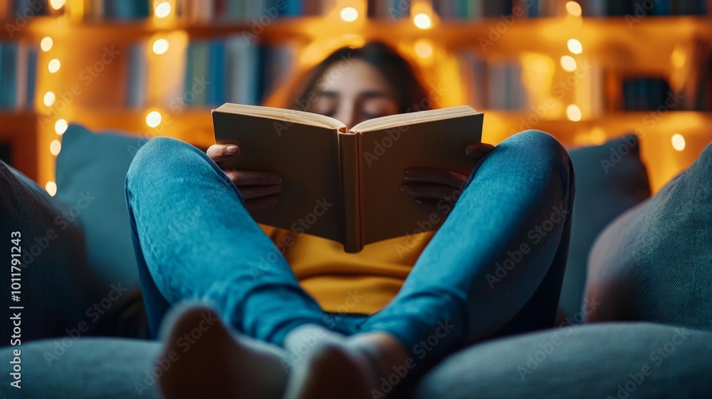 Obraz premium A cozy reading corner where someone is immersed in a self-help book on positive psychology, showing how learning can be a tool for happiness hacking
