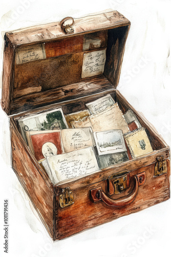 Watercolor of a Wooden Box Filled with Vintage Postcards
