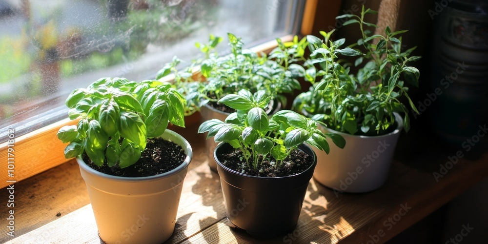 Indoor Herb Garden: Create an image of an indoor kitchen herb garden with pots of basil, rosemary, and mint, highlighting the convenience of home-grown herbs for cooking. Indoor Herb Garden: Create an image of an indoor kitchen herb garden with pots of basil, rosemary, and mint, highlighting the convenience of home-grown herbs for cooking.
