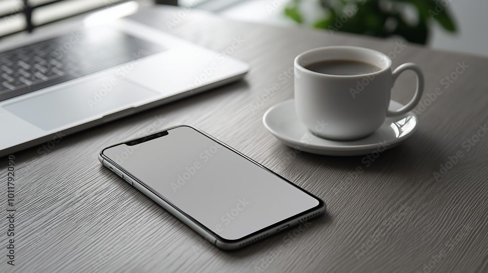 Cell phone is on a table next to a coffee cup. The phone is turned off. The coffee cup is white and has a white saucer. minimalist social media post design with bold, clean typography. Cell phone is on a table next to a coffee cup. The phone is turned off. The coffee cup is white and has a white saucer. minimalist social media post design with bold, clean typography.