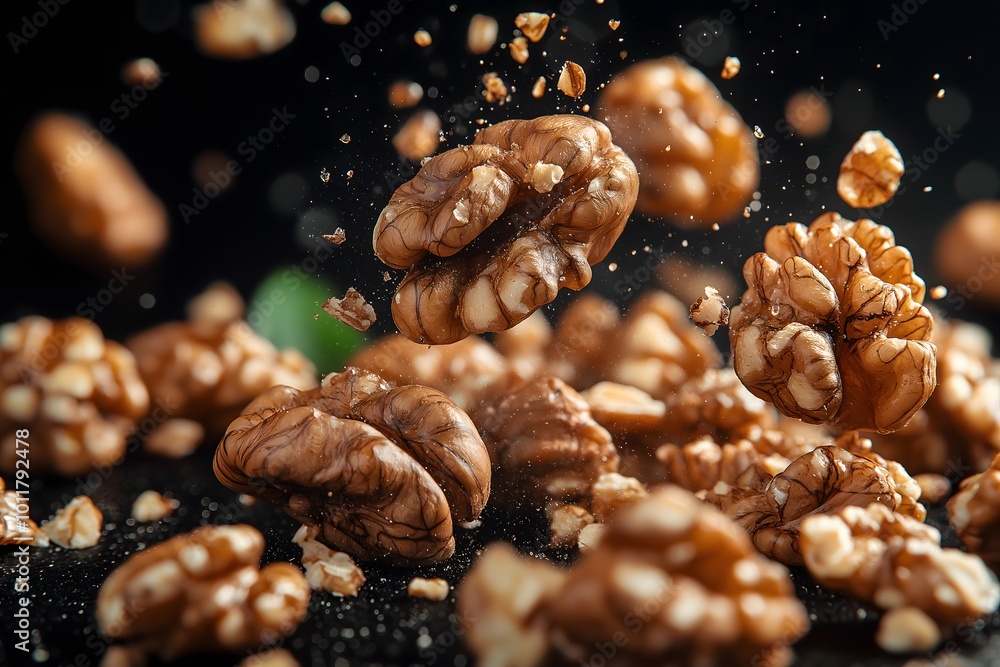 Ultra-Realistic Photo of Suspended Walnuts on Matte Black Background Ultra-Realistic Photo of Suspended Walnuts on Matte Black Background