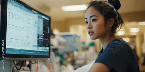 Nurses at Work: Illustrate a nurse attentively monitoring a patient and documenting vital signs on a digital chart, showcasing the dedication of ICU staff.