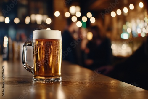 A frothy beer mug sits on a bar counter, creating a cozy atmosphere.