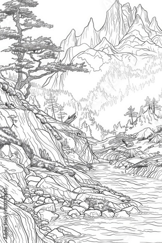 Coloring book illustration of a scenic plateau landscape