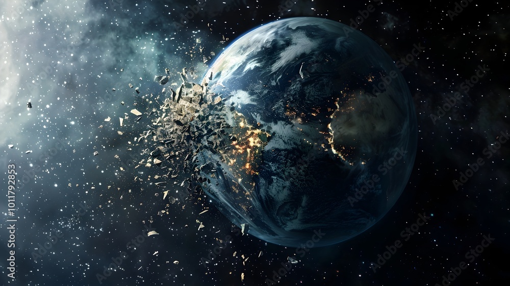 Obraz premium Disintegrating Planet Earth Breaking Apart in Cosmic Debris Field