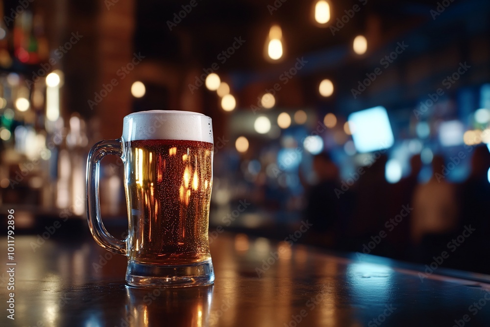 A frothy beer in a glass mug on a bar counter, with a lively background. A frothy beer in a glass mug on a bar counter, with a lively background.