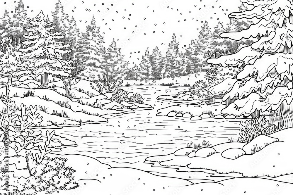 Coloring book illustration of a serene snowy landscape Coloring book illustration of a serene snowy landscape
