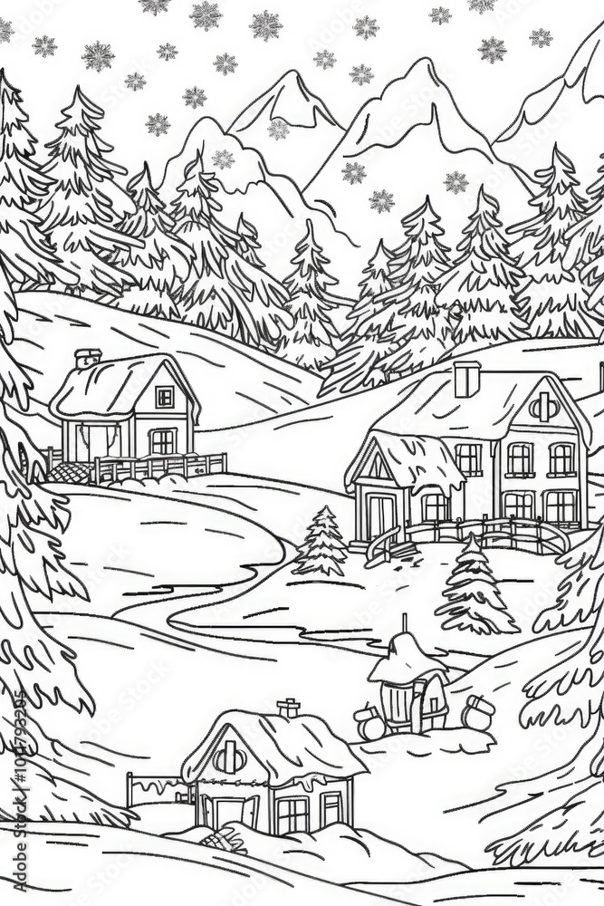 Coloring book illustration of a serene winter landscape with snow covered trees and cozy cottages Coloring book illustration of a serene winter landscape with snow covered trees and cozy cottages