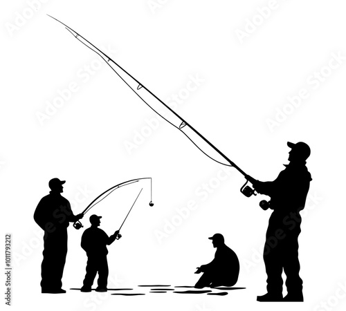 illustration set of fishermen silhouettes isolated on white
