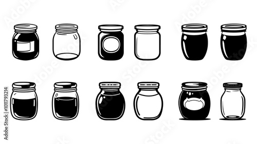 Set hand drawn empty and filled glass jar in cartoon vintage style isolated on white background. Monochrome vector illustration.

