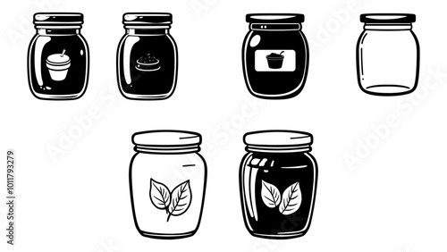Set hand drawn empty and filled glass jar in cartoon vintage style isolated on white background. Monochrome vector illustration.
