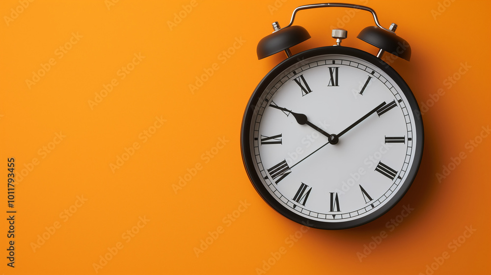 A black and white clock with roman numerals on a bright orange background A black and white clock with roman numerals on a bright orange background