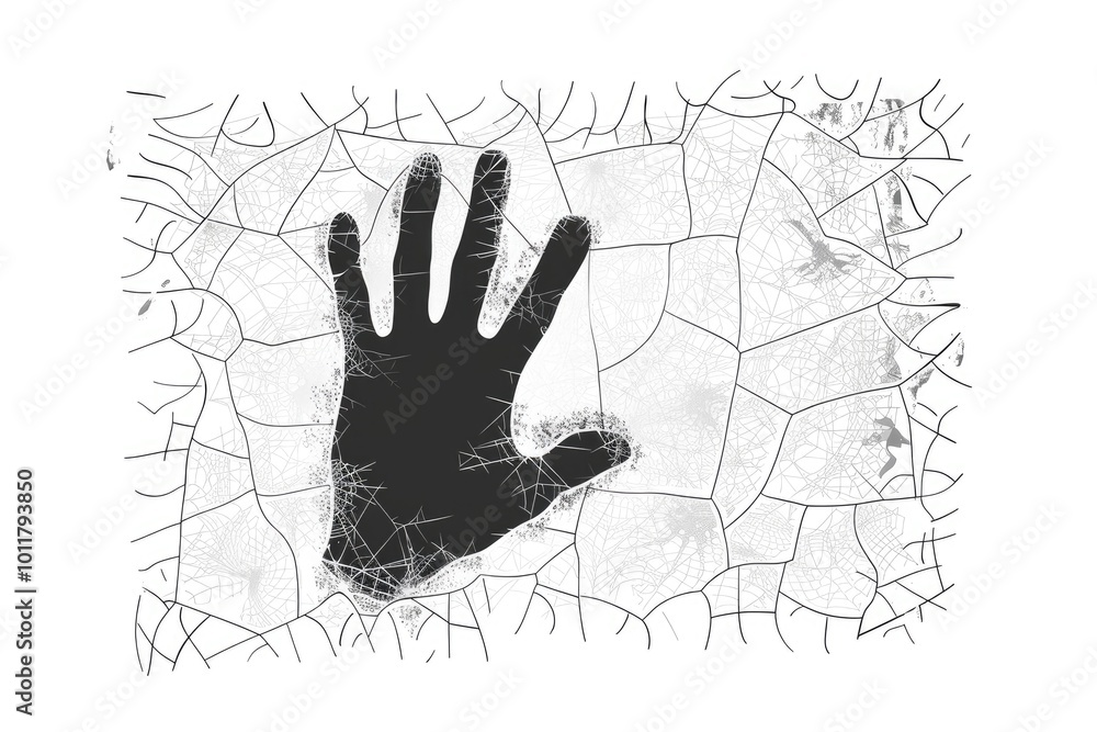 Obraz premium Coloring book illustration of a hand silhouette behind frosted glass spooky theme