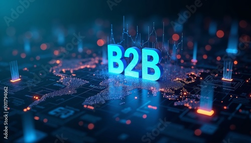 Futuristic Glowing Blue B2B Text Over an Abstract Cityscape with Blurred Lights for Business Marketing