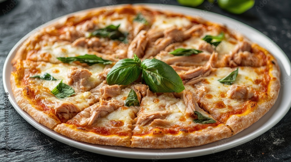 A freshly baked tuna and mozzarella pizza on a white ceramic plate with basil garnish, set on a textured black stone background for a modern food concept. A freshly baked tuna and mozzarella pizza on a white ceramic plate with basil garnish, set on a textured black stone background for a modern food concept.