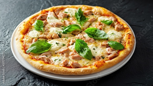 A freshly baked tuna and mozzarella pizza on a white ceramic plate with basil garnish, set on a textured black stone background for a modern food concept.