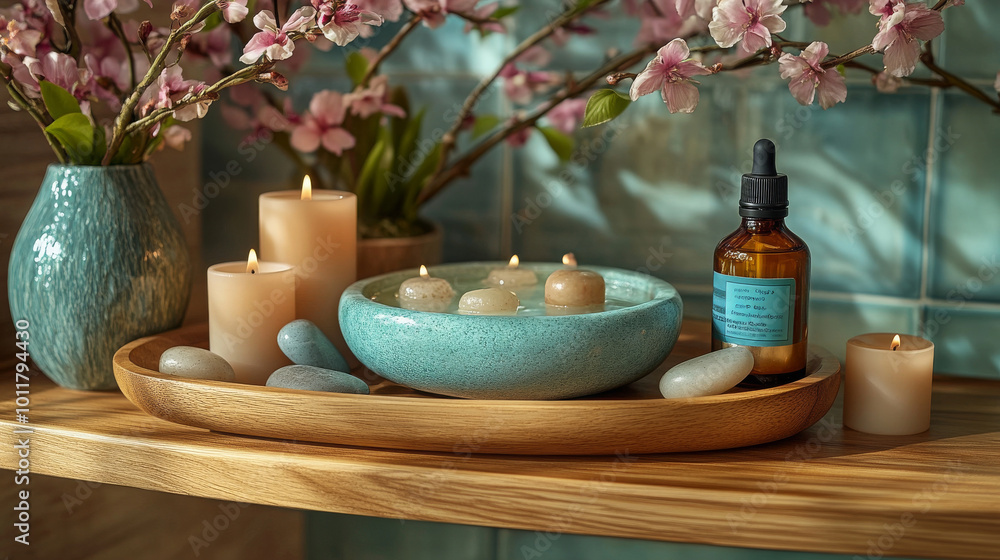 Relaxing spa setup with candles, essential oils, and smooth stones in a serene environment Relaxing spa setup with candles, essential oils, and smooth stones in a serene environment