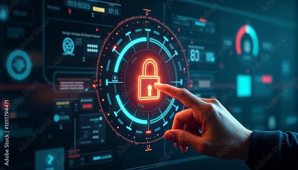 Futuristic Digital Interface with Glowing Red Lock Icon Representing Cybersecurity and Data Protection Concepts Futuristic Digital Interface with Glowing Red Lock Icon Representing Cybersecurity and Data Protection Concepts