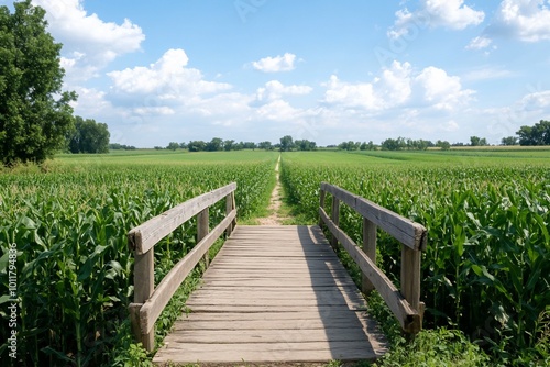 A wooden bridge leads through a lush green cornfield under a blue sky.